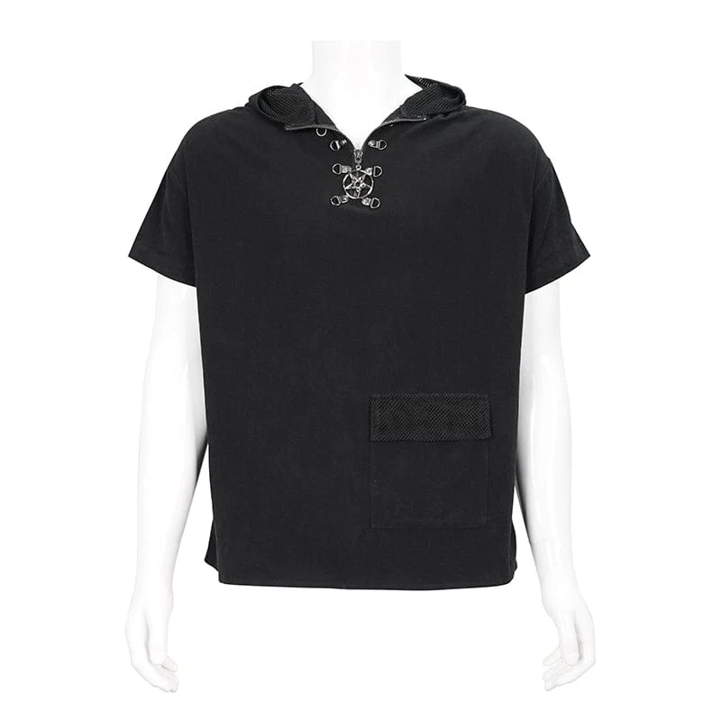 Herren Punk Strappy Mesh Splice Shirt mit Kapuze