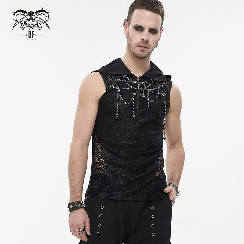 Herren Gothic Skull Mesh Splice Chain Tank Top mit Kapuze