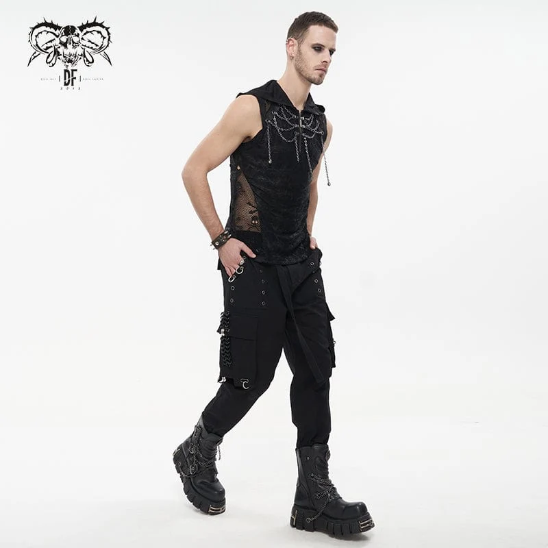 Herren Gothic Skull Mesh Splice Chain Tank Top mit Kapuze