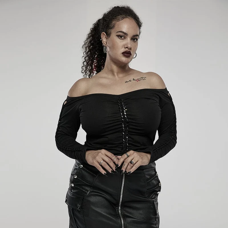 Damen Gothic Off Shoulder Rüschen Langarm Top in Übergröße