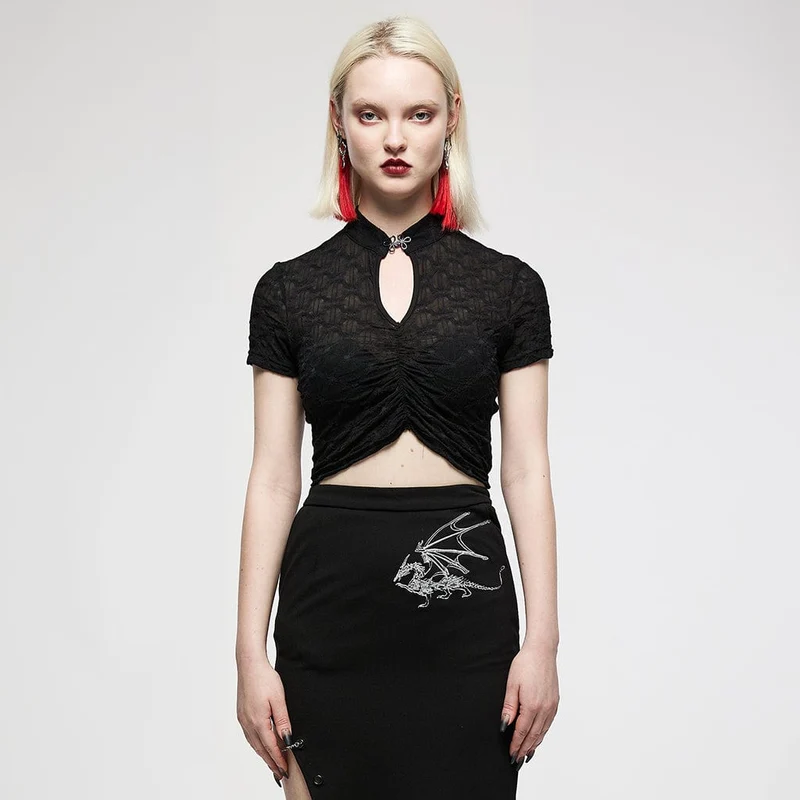 Kurzärmliges Crop-Top mit Grunge-Ausschnitt und Rüschen für Damen