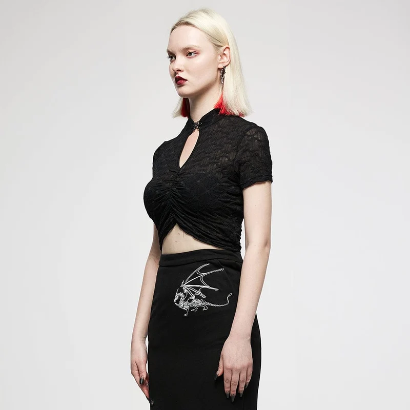 Kurzärmliges Crop-Top mit Grunge-Ausschnitt und Rüschen für Damen