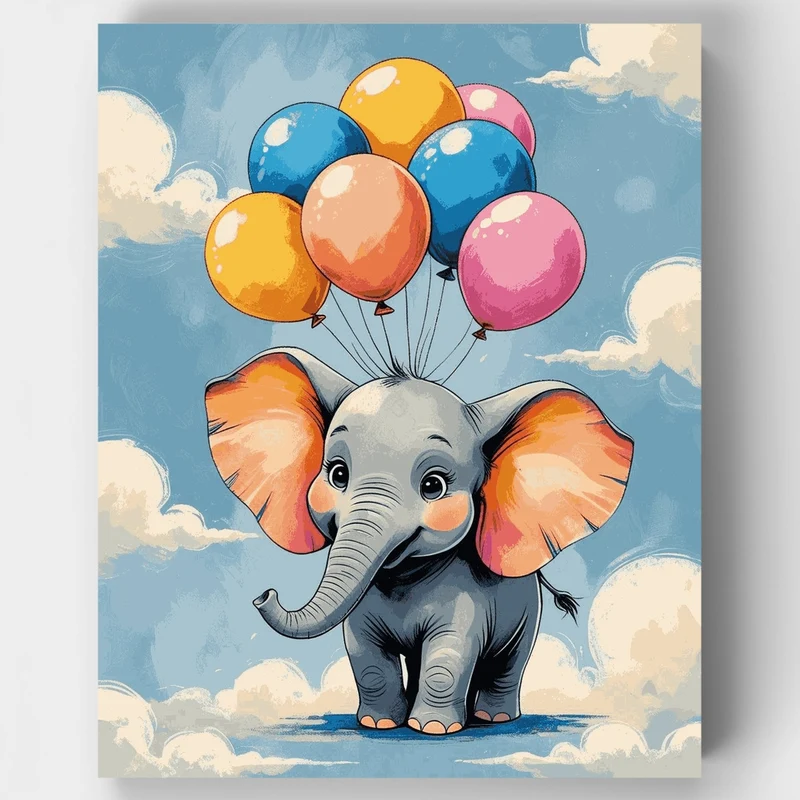 Baby Elephant with Colorful Balloons - Paint by Numbers Kit