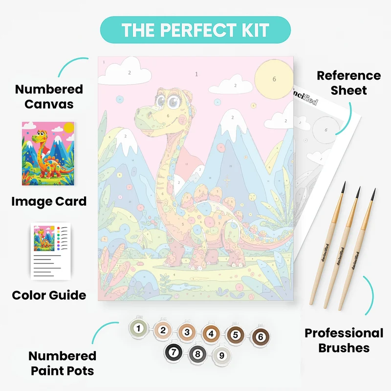 Colorful Cartoon Dinosaur in a Vibrant Prehistoric Landscape - Paint by Numbers Kit