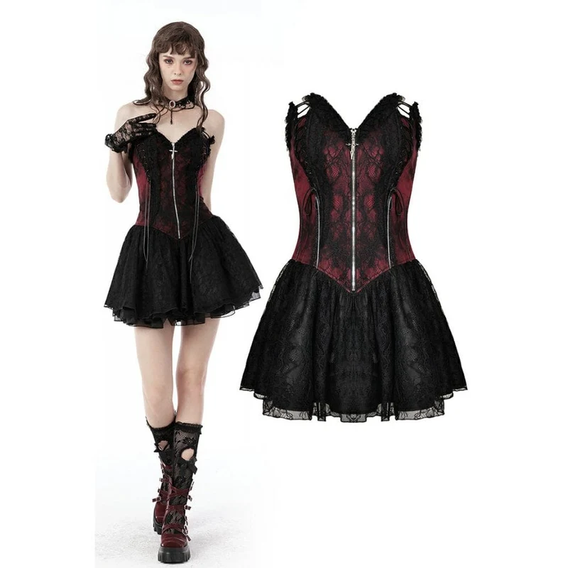 Gothic-Kleid für Damen mit Frontreißverschluss, kontrastfarbener Spitze, trägerlos, Abschlusskleid