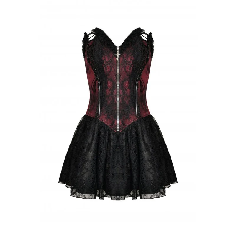 Gothic-Kleid für Damen mit Frontreißverschluss, kontrastfarbener Spitze, trägerlos, Abschlusskleid