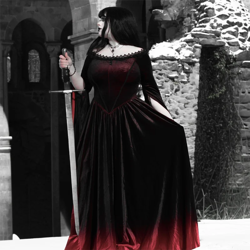 Damen Gothic Gradient Off Shoulder Flare Ärmel Maxikleid Hochzeitskleid