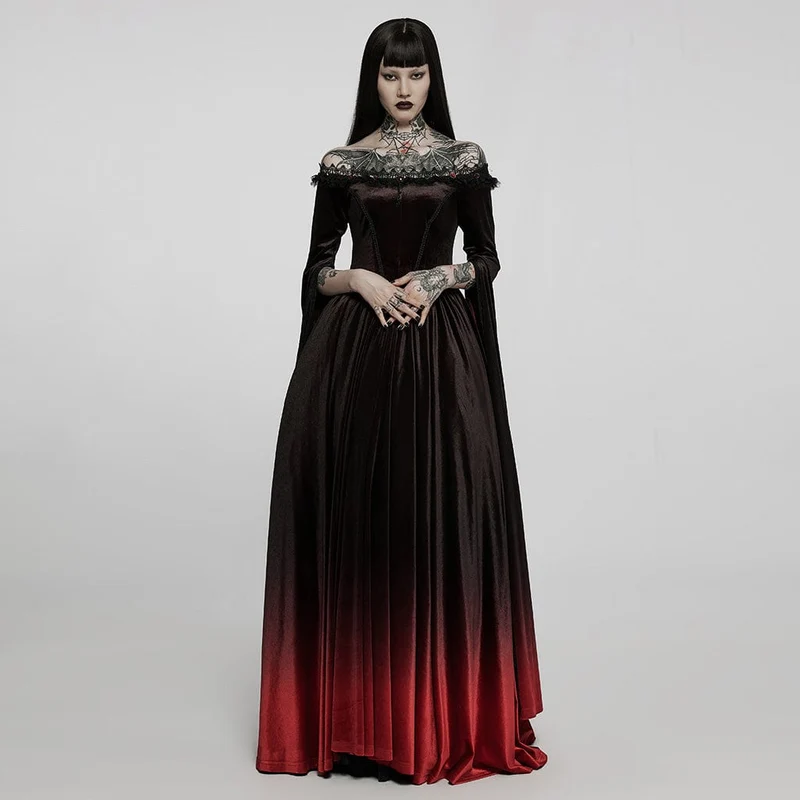 Damen Gothic Gradient Off Shoulder Flare Ärmel Maxikleid Hochzeitskleid