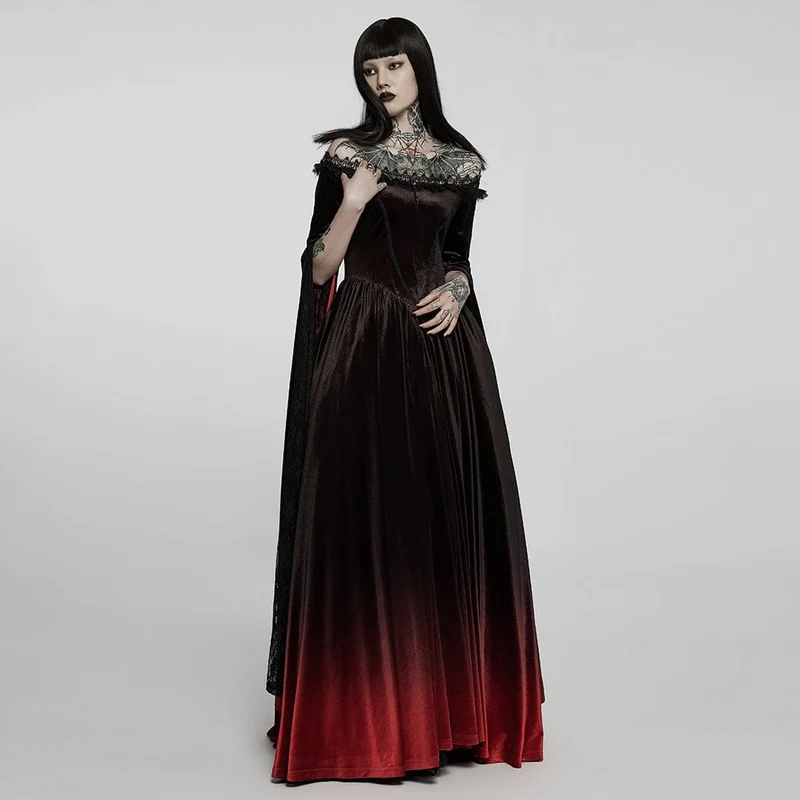 Damen Gothic Gradient Off Shoulder Flare Ärmel Maxikleid Hochzeitskleid
