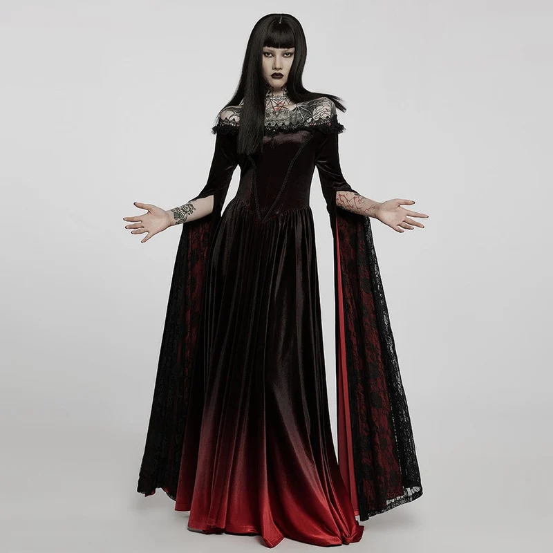 Damen Gothic Gradient Off Shoulder Flare Ärmel Maxikleid Hochzeitskleid