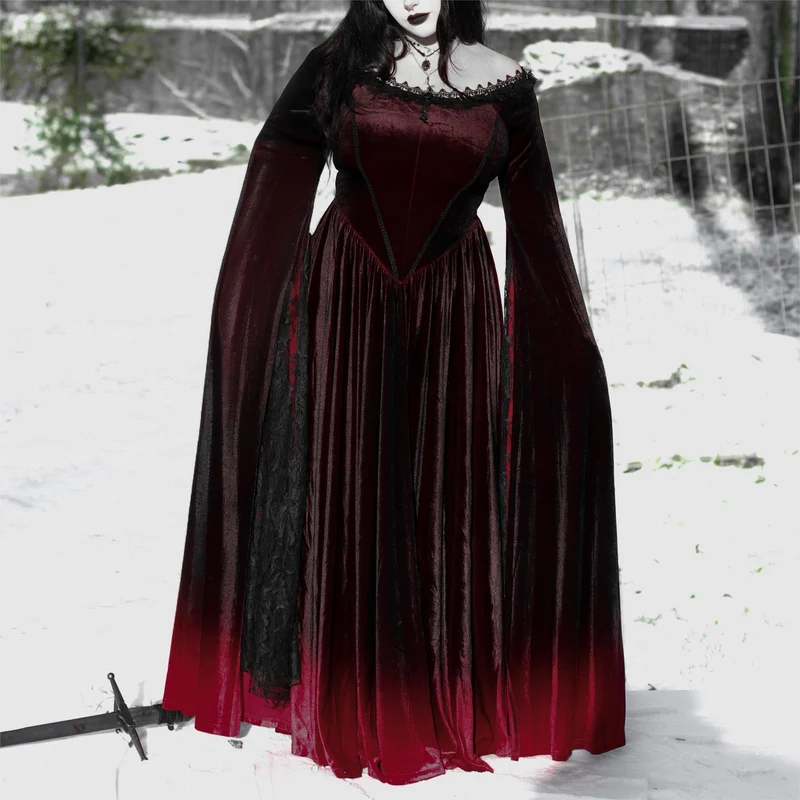 Damen Gothic Gradient Off Shoulder Flare Ärmel Maxikleid Hochzeitskleid