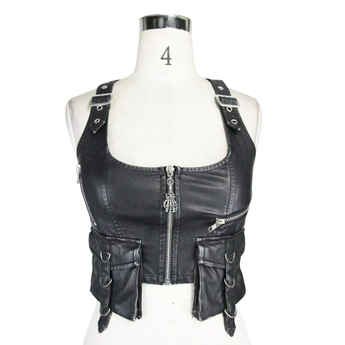 Kunstlederweste im Punk-Militärstil für Damen mit Taschen