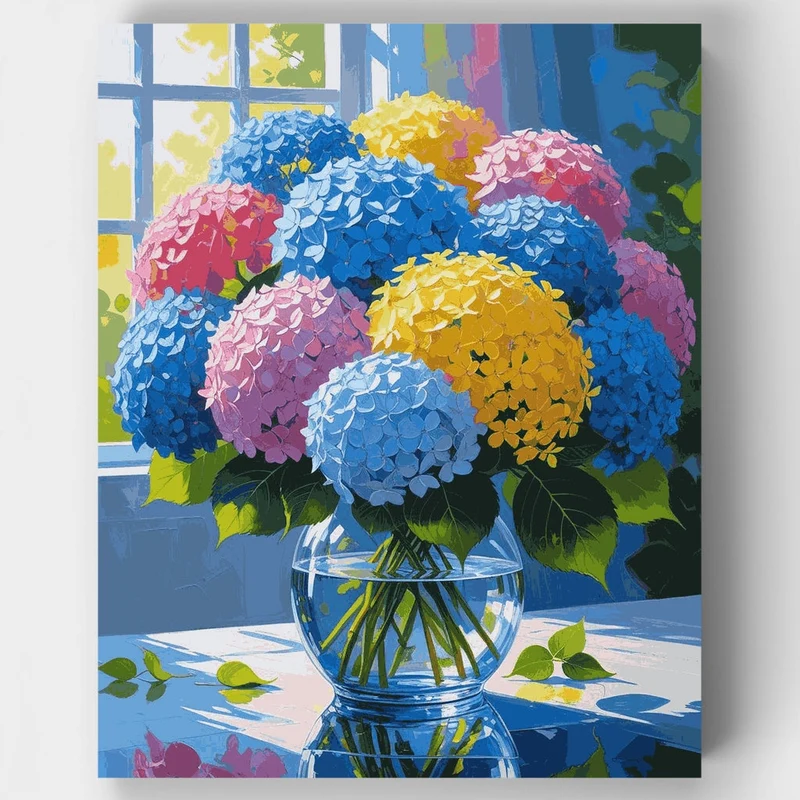 Colorful Hydrangeas in Glass Vase - Paint by Numbers Kit