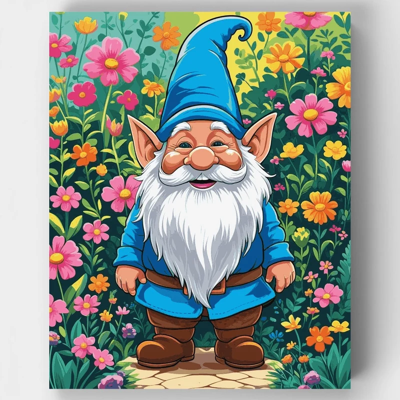 Happy Garden Gnome in Blooming Flower Garden - Paint by Numbers Kit