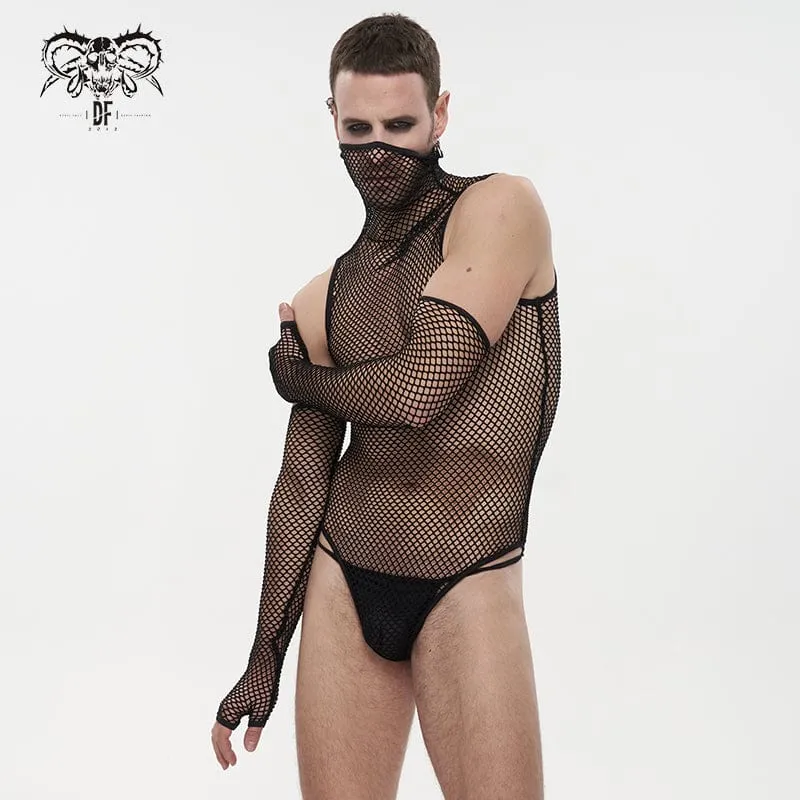 Herren-Punk-Mesh-Bodysuit mit hohem Kragen und Ärmeln