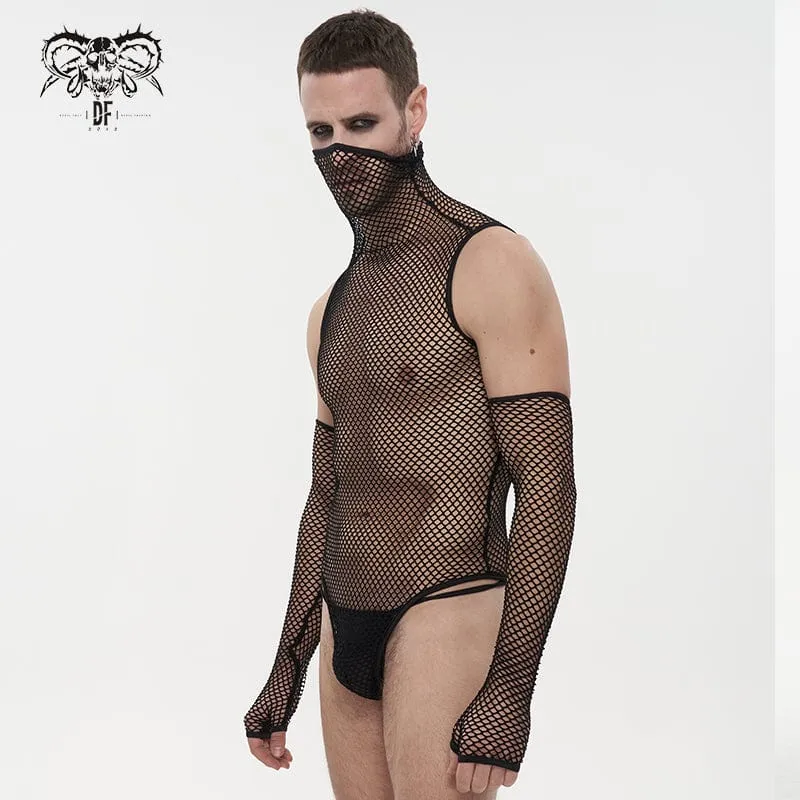 Herren-Punk-Mesh-Bodysuit mit hohem Kragen und Ärmeln