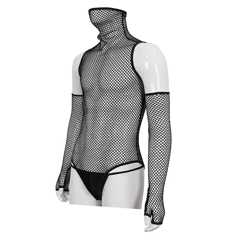 Herren-Punk-Mesh-Bodysuit mit hohem Kragen und Ärmeln