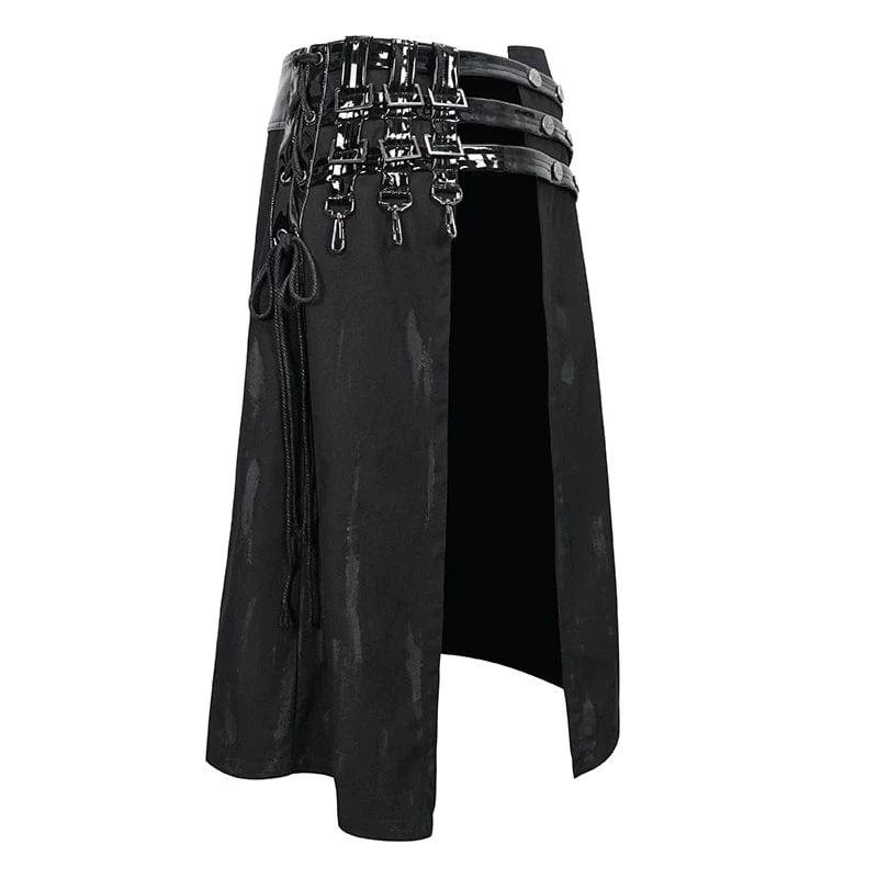 Punk Splice Distressed Kilt für Herren mit Riemen aus Lacklederimitat