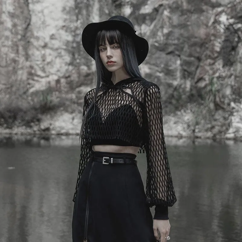 Damen Punk Chinese Knot Mesh Short Hoodies