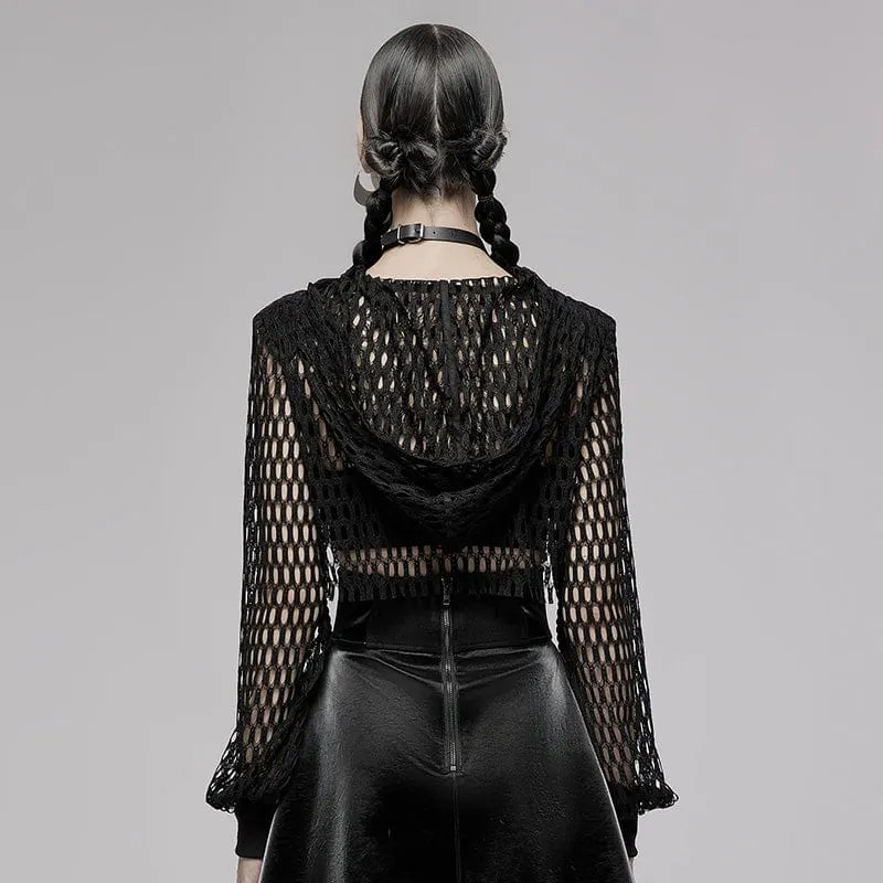 Damen Punk Chinese Knot Mesh Short Hoodies