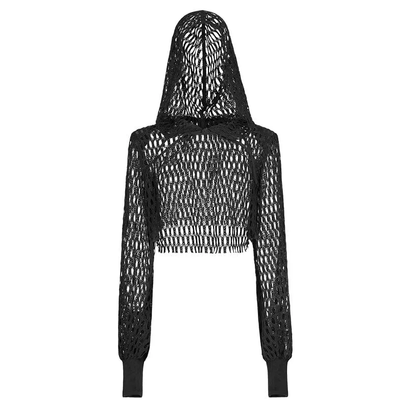 Damen Punk Chinese Knot Mesh Short Hoodies