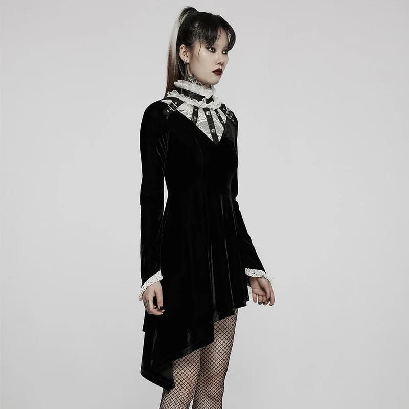 Damenkleid aus Gothic-Spitze mit Stehkragen und unregelmäßigem Saum