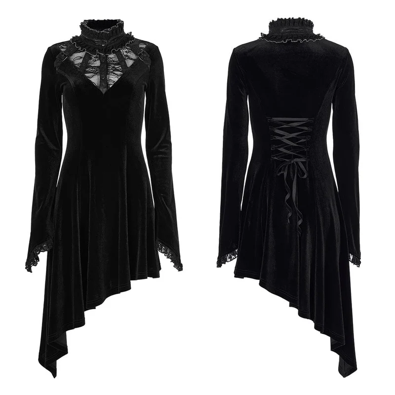 Damenkleid aus Gothic-Spitze mit Stehkragen und unregelmäßigem Saum
