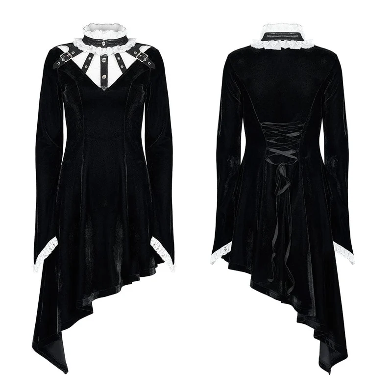 Damenkleid aus Gothic-Spitze mit Stehkragen und unregelmäßigem Saum