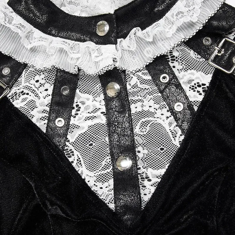 Damenkleid aus Gothic-Spitze mit Stehkragen und unregelmäßigem Saum