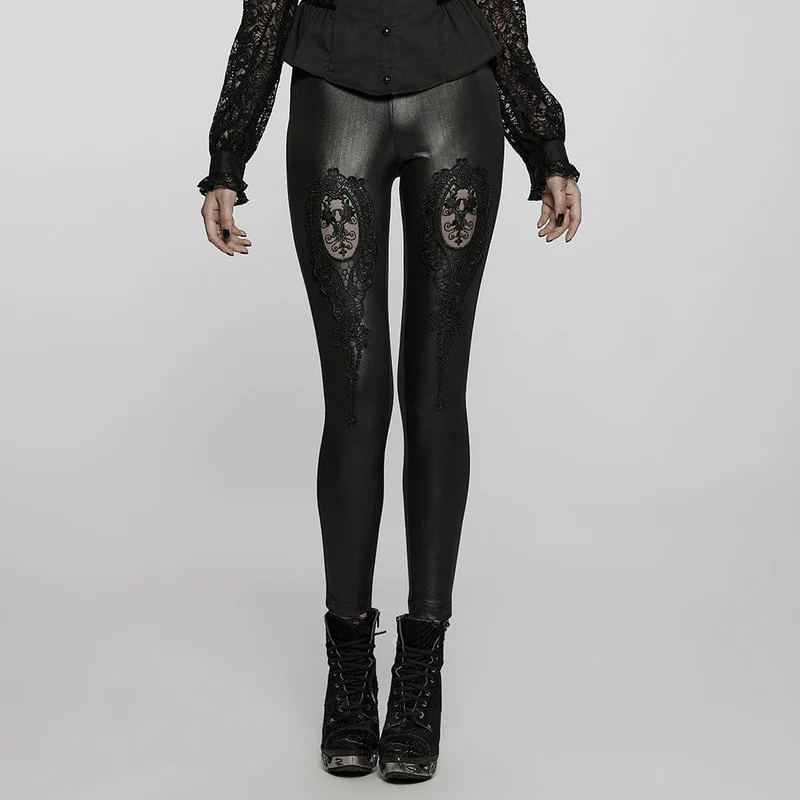 Damen-Leggings aus Kunstleder mit gotischen Blumenapplikationen