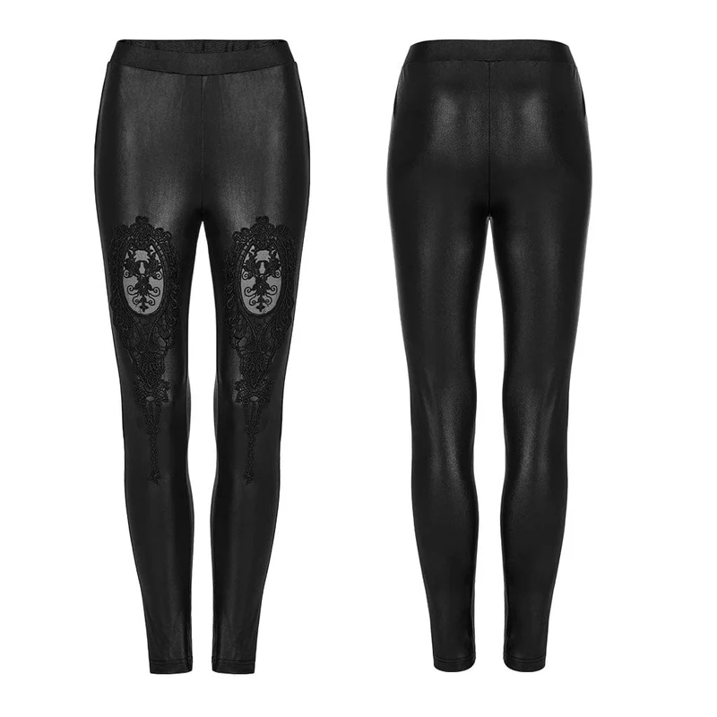 Damen-Leggings aus Kunstleder mit gotischen Blumenapplikationen