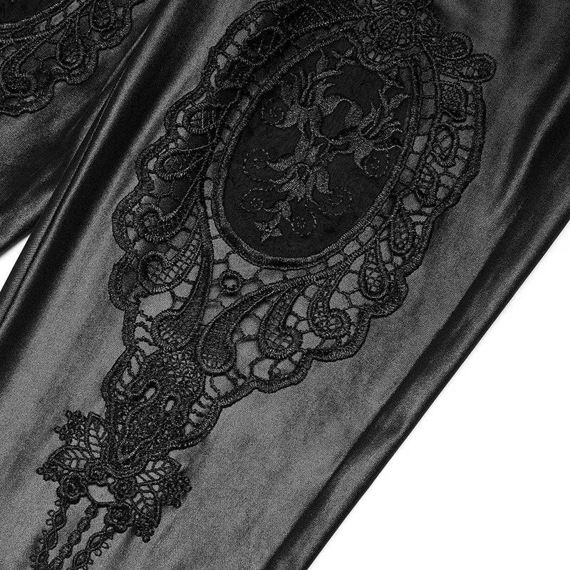 Damen-Leggings aus Kunstleder mit gotischen Blumenapplikationen