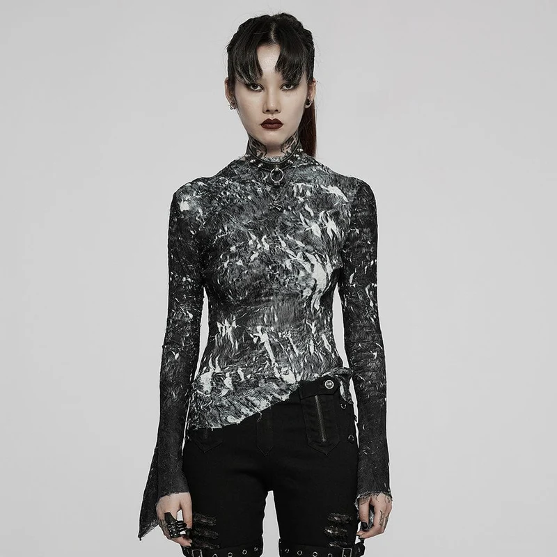 Gothic Tie-Dye Damenhemd mit unregelmäßigem Saum und langen Ärmeln