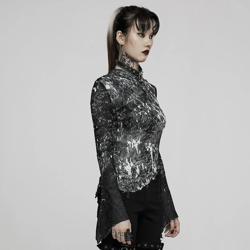 Gothic Tie-Dye Damenhemd mit unregelmäßigem Saum und langen Ärmeln