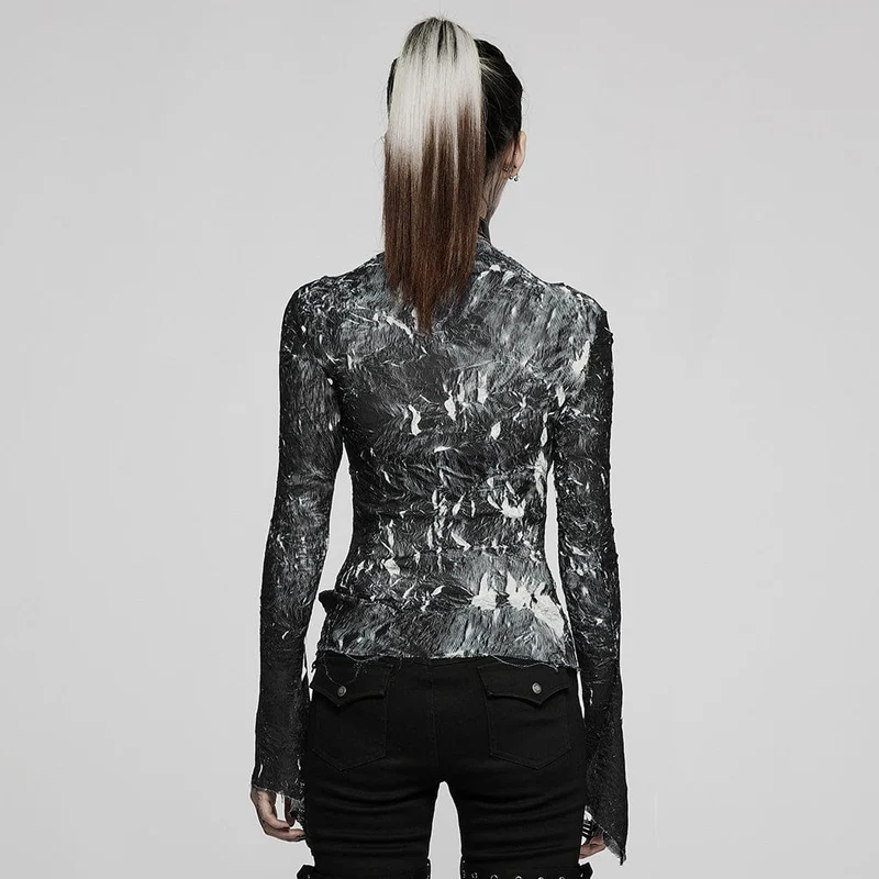 Gothic Tie-Dye Damenhemd mit unregelmäßigem Saum und langen Ärmeln