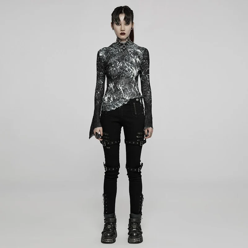 Gothic Tie-Dye Damenhemd mit unregelmäßigem Saum und langen Ärmeln