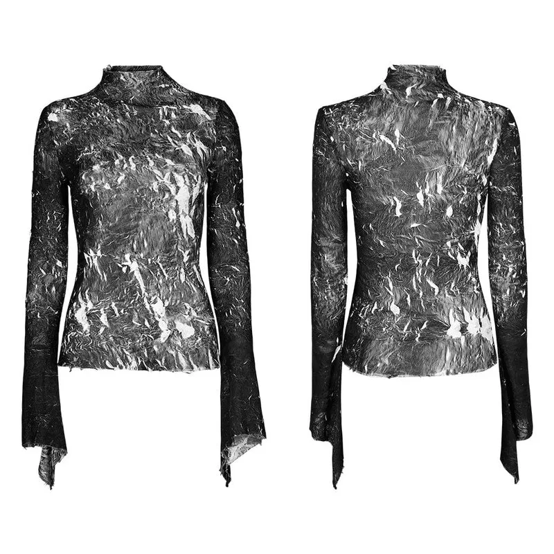 Gothic Tie-Dye Damenhemd mit unregelmäßigem Saum und langen Ärmeln