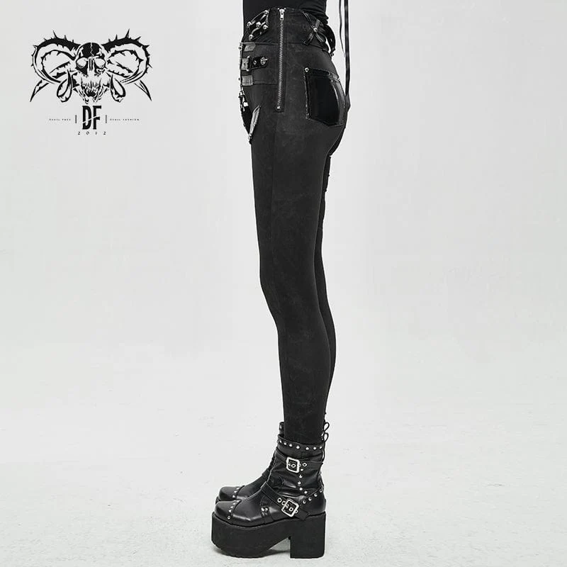Damen-Punk-Pentogramm-Leggings mit Kunstlederband