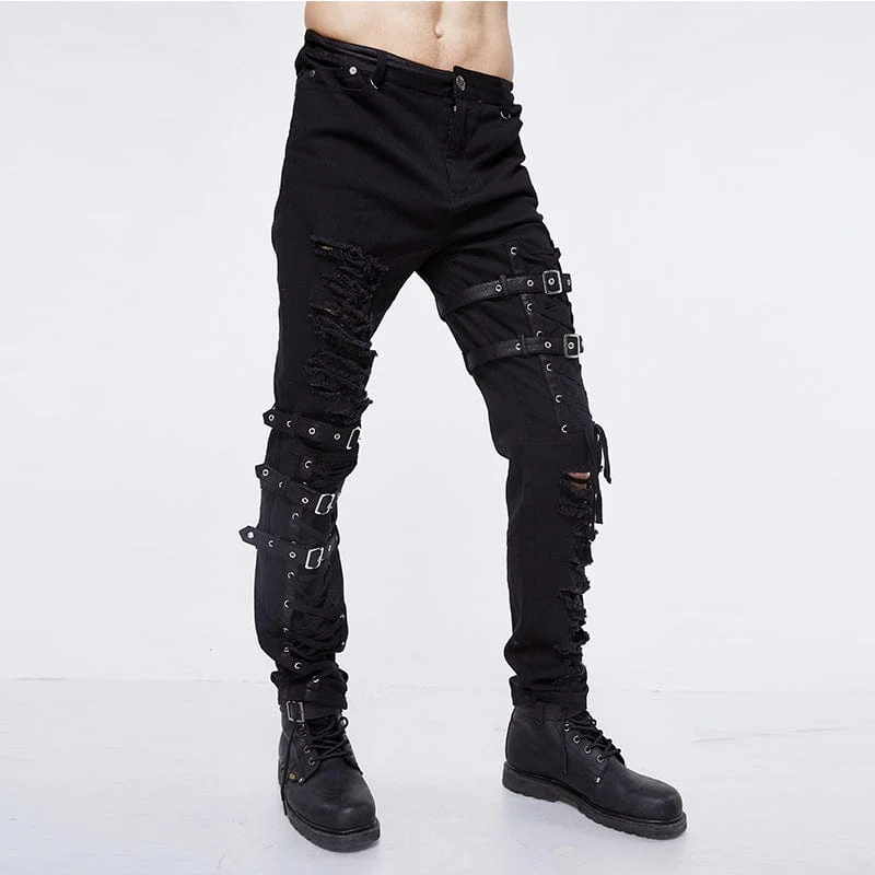 Herren Punk Ripped Straps Hose mit geradem Bein
