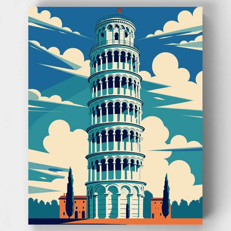 Iconic Tower of Pisa Vintage Illustration - Paint by Numbers Kit