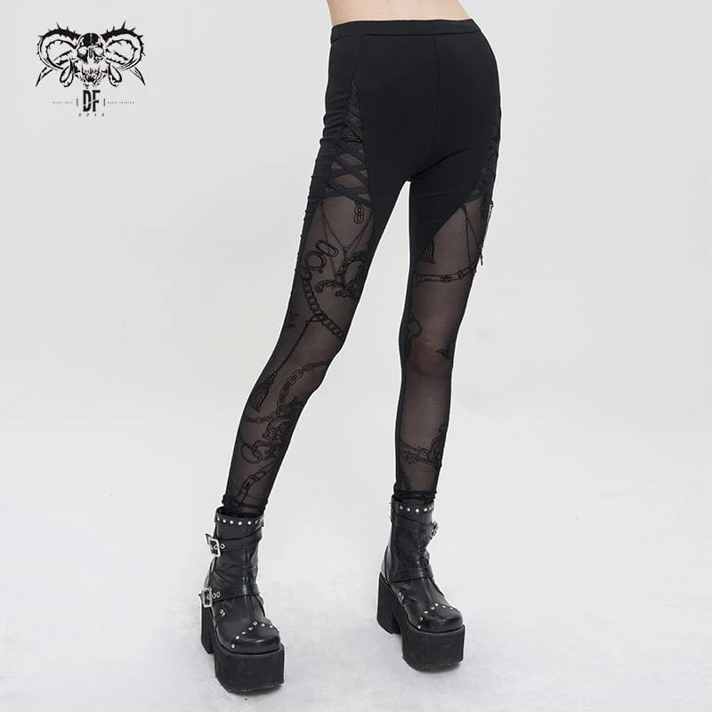 Damen Gothic Mesh Splice Chain Leggings
