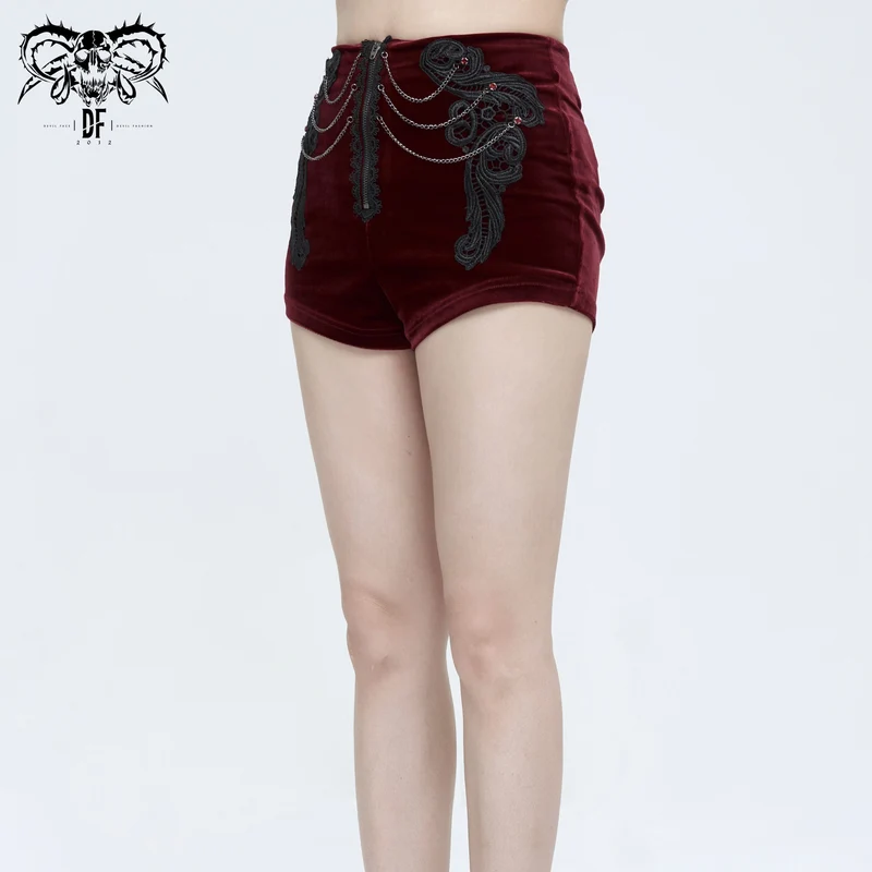 Damen Gothic Blumen bestickte Kette Samt Shorts rot