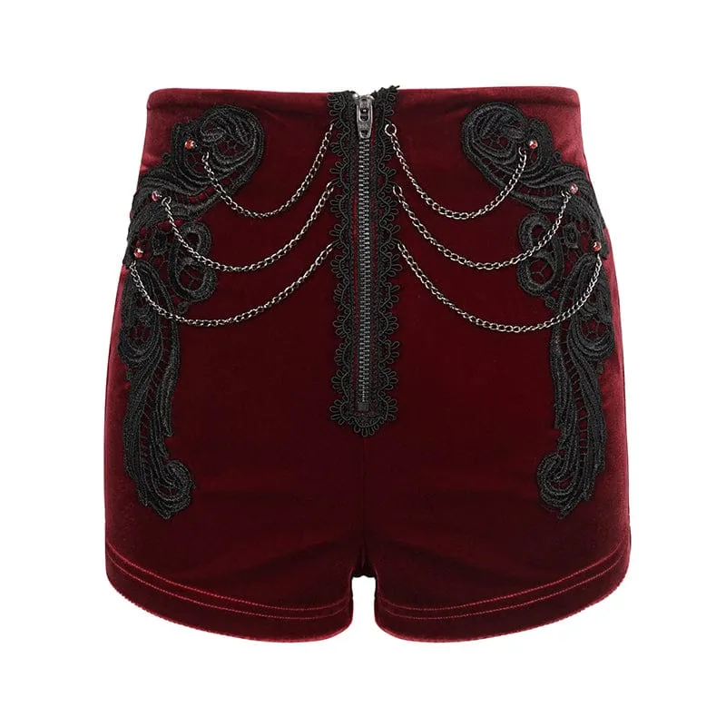 Damen Gothic Blumen bestickte Kette Samt Shorts rot