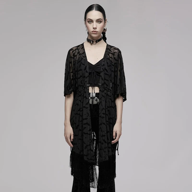Damen Gothic Fledermaus bedruckter Umhang mit halben Ärmeln und Quasten