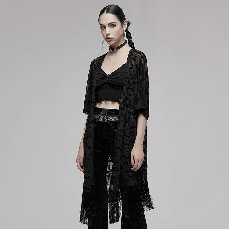 Damen Gothic Fledermaus bedruckter Umhang mit halben Ärmeln und Quasten