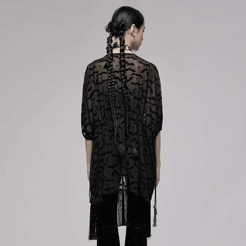 Damen Gothic Fledermaus bedruckter Umhang mit halben Ärmeln und Quasten
