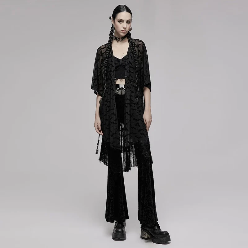 Damen Gothic Fledermaus bedruckter Umhang mit halben Ärmeln und Quasten