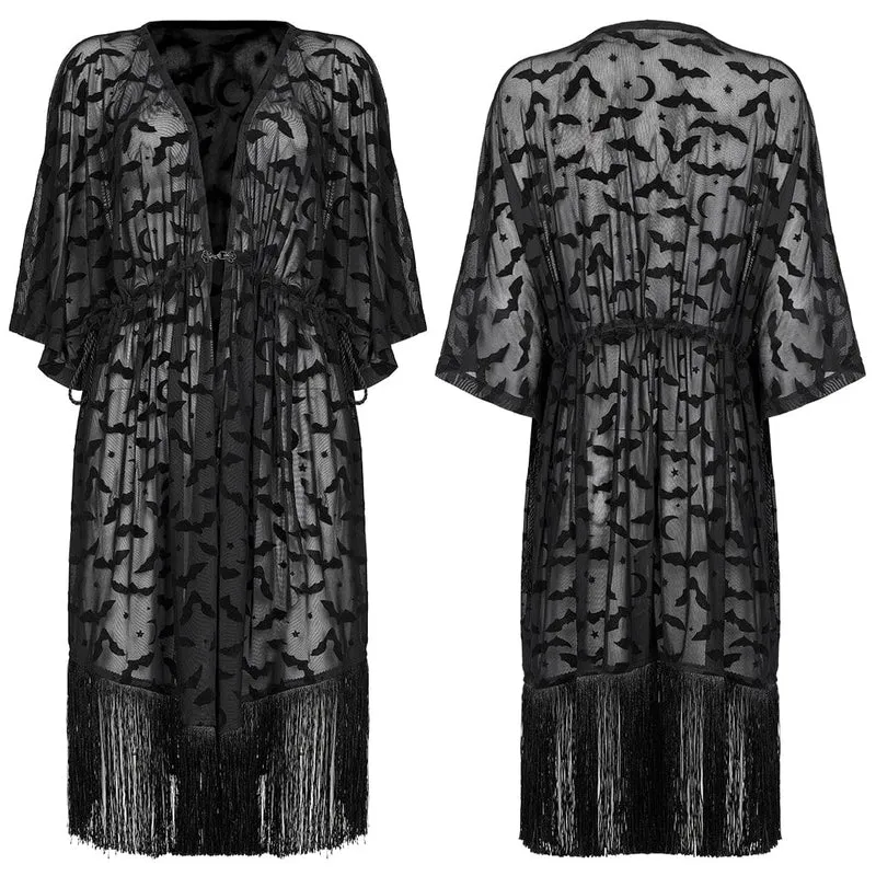Damen Gothic Fledermaus bedruckter Umhang mit halben Ärmeln und Quasten