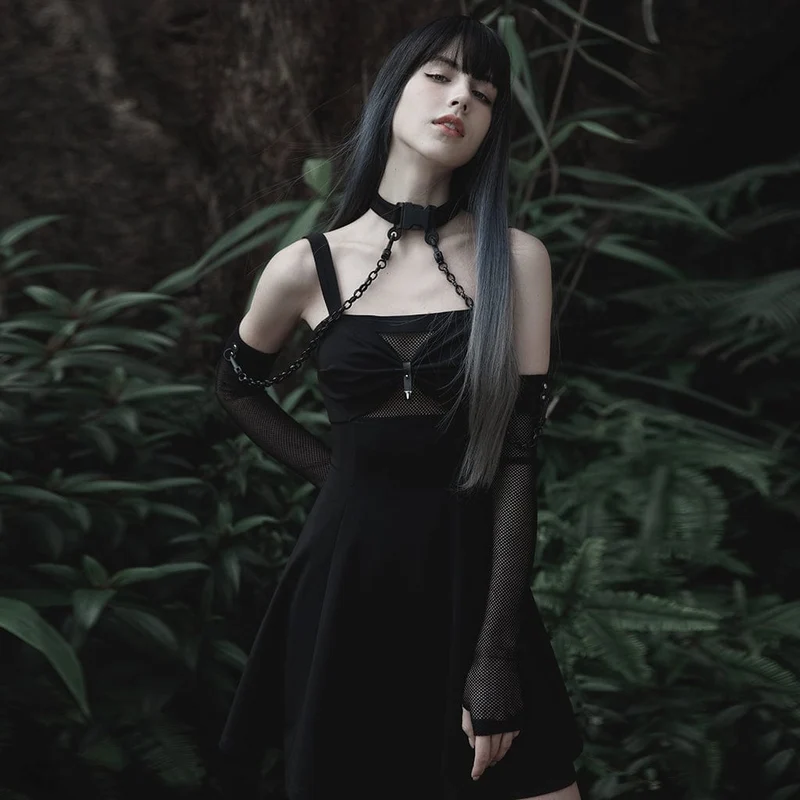 Gothic Mesh-Armstulpen für Damen mit abnehmbarem Choker