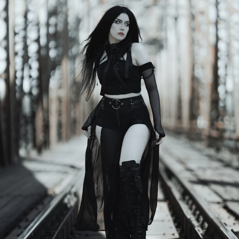 Gothic Mesh-Armstulpen für Damen mit abnehmbarem Choker